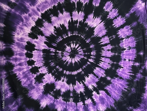 Abstract tie-dye pattern in purple and black spirals creating a mesmerizing visual effect suitable for fabric design, backgrounds, and creative projects in modern decor.