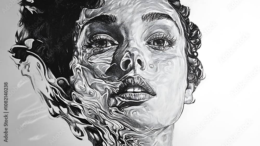 Black and white pencil drawing of a woman's face with swirling lines. Black and white pencil drawing of a woman's face with swirling lines.