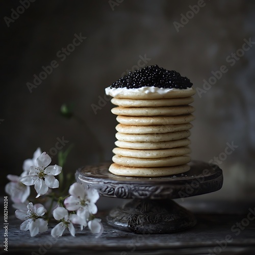 Wallpaper Mural Stack of Pancakes Topped with Black Caviar and Sour Cream. Torontodigital.ca