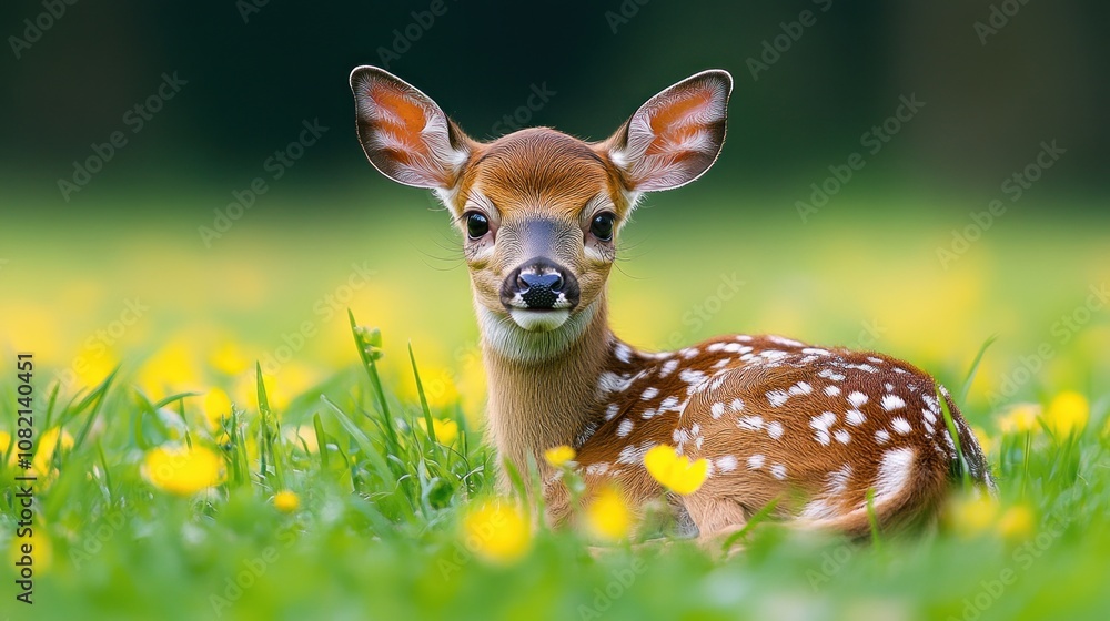 Adorable Young Fawn Resting in a Meadow Surrounded by Beautiful Yellow Flowers in a Serenely Peaceful Natural Environment Adorable Young Fawn Resting in a Meadow Surrounded by Beautiful Yellow Flowers in a Serenely Peaceful Natural Environment