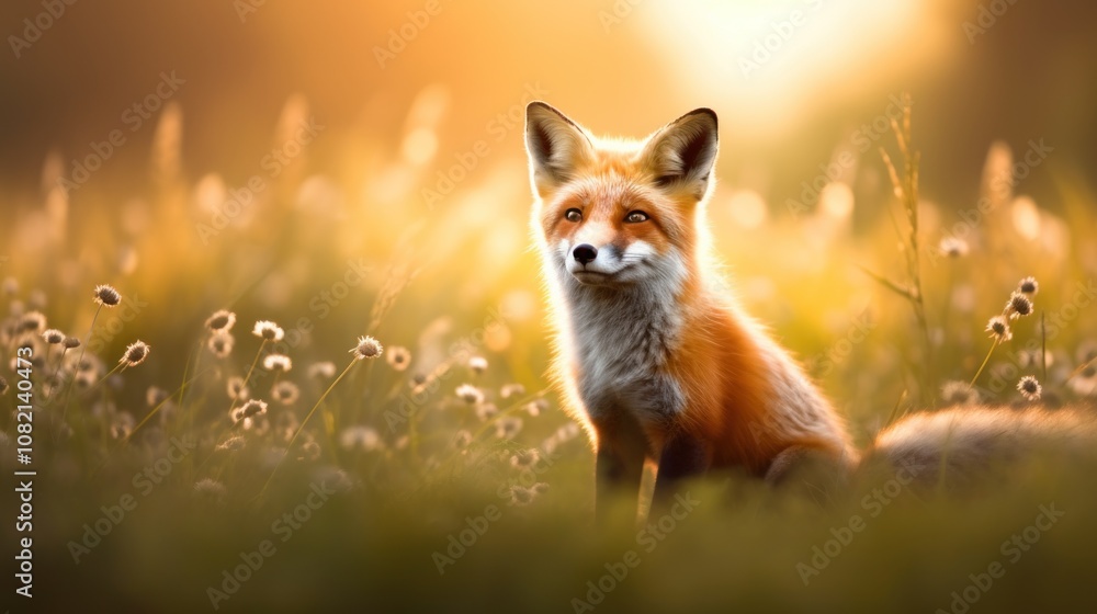 Stunning Red Fox Sitting Serenely in a Sunlit Meadow Surrounded by Delicate Wildflowers and Soft, Golden Light of Early Morning Stunning Red Fox Sitting Serenely in a Sunlit Meadow Surrounded by Delicate Wildflowers and Soft, Golden Light of Early Morning