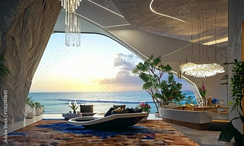 Futuristic chandelier in a sleek glass-walled living room overlooking a rugged coastal cliff with crashing waves below photo