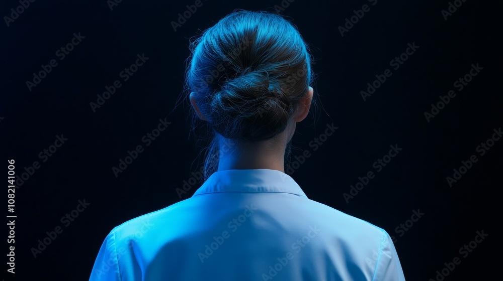 Rear view of a young woman with blue light shining on her. Rear view of a young woman with blue light shining on her.