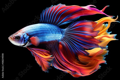 Vibrant Betta Fish with Striking Colorful Fins Swimming Gracefully Against a Black Background, Showcasing Nature's Splendor and Intricate Details of Aquatic Life photo