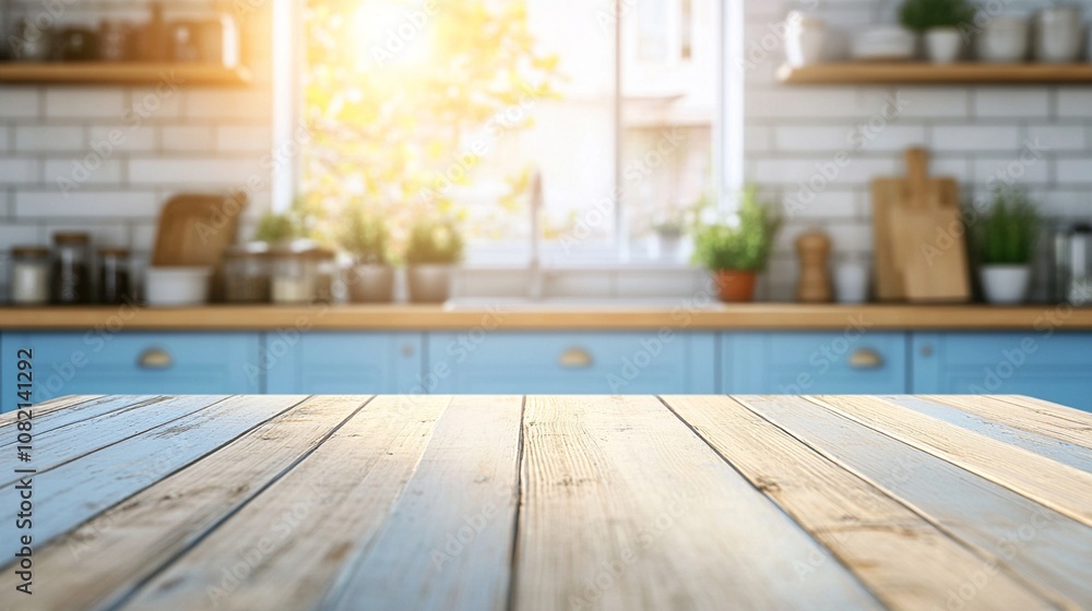 Sunlit rustic kitchen with blue cabinets and wooden countertop in foreground, creating a warm and inviting atmosphere for home cooking and family gatherings. Sunlit rustic kitchen with blue cabinets and wooden countertop in foreground, creating a warm and inviting atmosphere for home cooking and family gatherings.