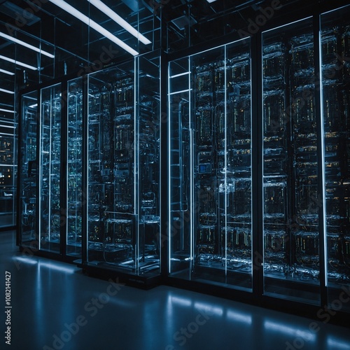 An artificial intelligence-powered supercomputer sitting in a high-tech, glass-walled lab. The system is vast, with endless rows of glowing data processors. The AI interface is visible, showcasing com