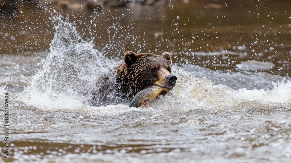 Brown Bear Fishing Salmon River Water Splash Brown Bear Fishing Salmon River Water Splash