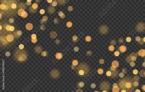 Christmas New Year's Eve Birthday glowing bokeh confetti light and sparkling glitter texture overlay design. Festive transparent background for birtday. Holiday gold powder dust. Vector illustration.