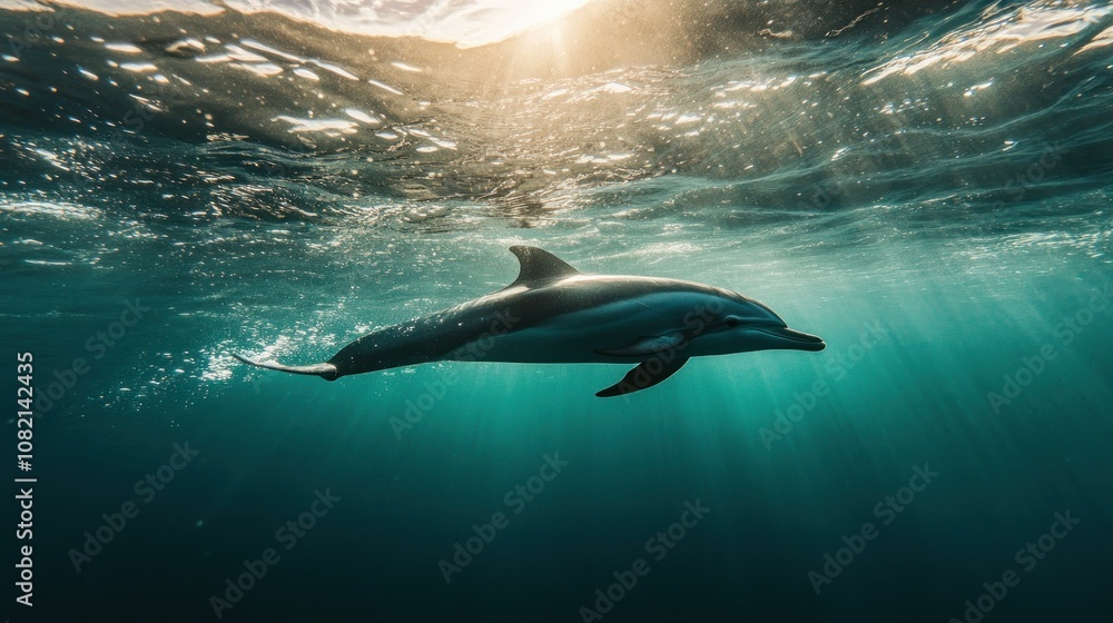 Fototapeta premium Dolphin Swimming Through Sunlight Beneath the Ocean Surface