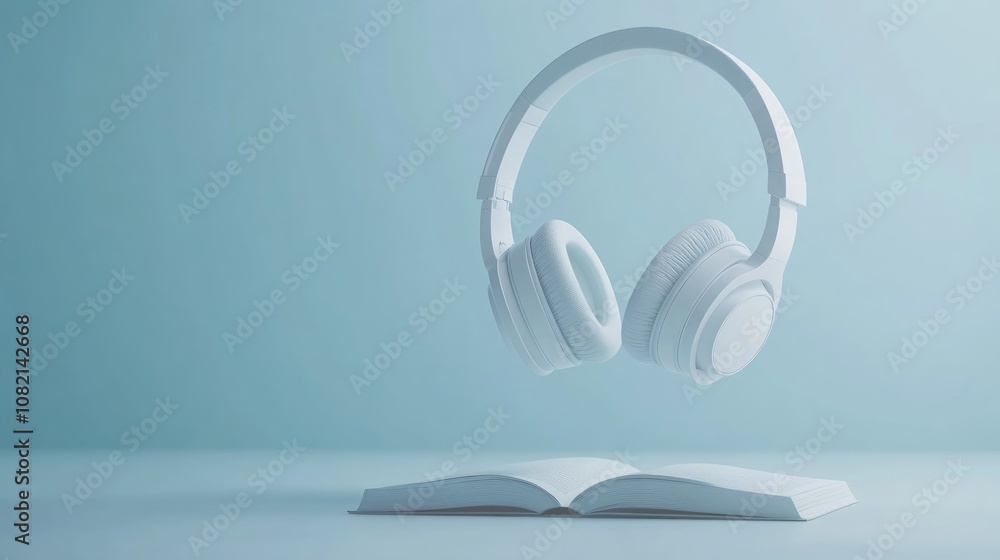 Fototapeta premium White headphones floating above an open book on a blue background. (1)