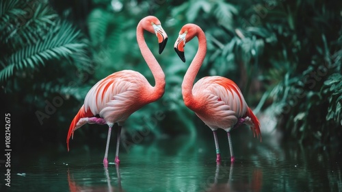 Elegant flamingos standing in shallow water in a park, soft pastel colors, green foliage in background, peaceful and graceful birds.