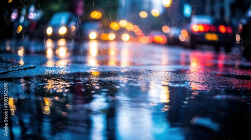 Rainy evening with streetlights reflecting on wet pavement