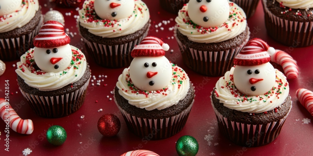 Top view of several cupcakes with snowman toppers arranged on a table, with holiday decorations like candy canes, sprinkles, and small ornaments. Top view of several cupcakes with snowman toppers arranged on a table, with holiday decorations like candy canes, sprinkles, and small ornaments.