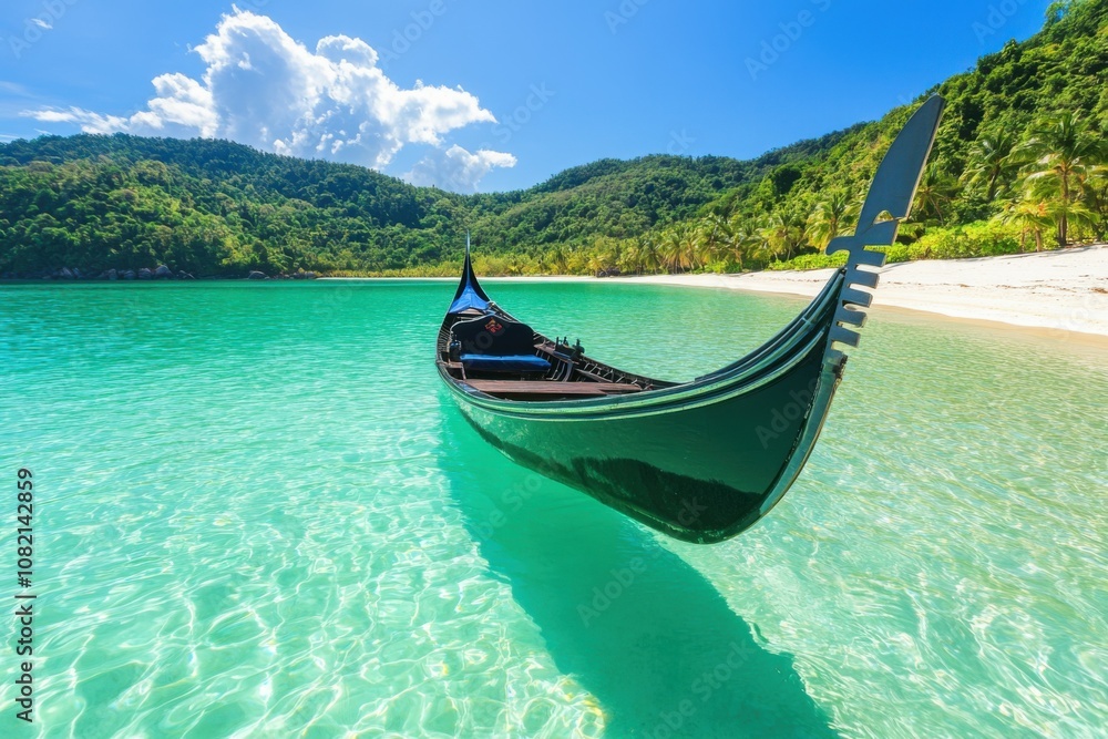 Modern gondola crossing a tropical island bay, crystal clear turquoise waters reflecting sunlight, white sand beaches and distant jungle-covered hills in the distance Modern gondola crossing a tropical island bay, crystal clear turquoise waters reflecting sunlight, white sand beaches and distant jungle-covered hills in the distance