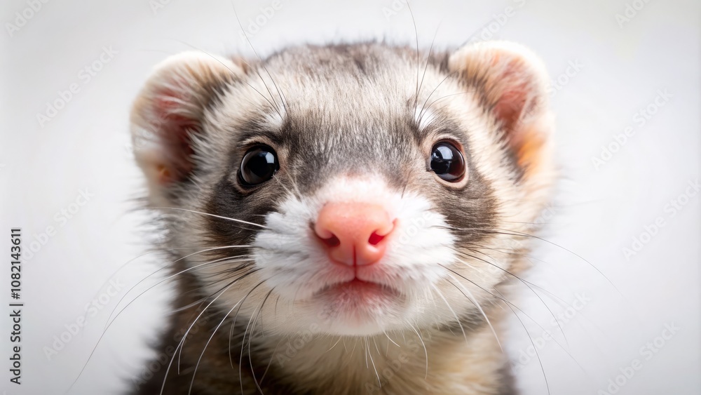 Close-Up Headshot of a Playful Ferret with Vibrant Eyes and Pink Nose on White Background, Capturing Its Small Paws and Expressive Face in High Depth of Field Close-Up Headshot of a Playful Ferret with Vibrant Eyes and Pink Nose on White Background, Capturing Its Small Paws and Expressive Face in High Depth of Field