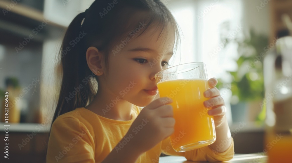 Little girl drinking orange juice, cute expression, morning light, healthy lifestyle, home kitchen, innocence and joy, refreshing and natural Little girl drinking orange juice, cute expression, morning light, healthy lifestyle, home kitchen, innocence and joy, refreshing and natural
