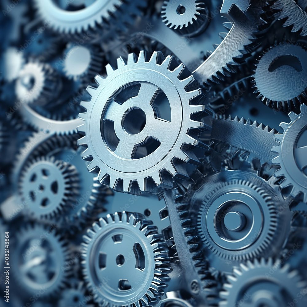 Large interconnected network of gears symbolizing corporate competition, with one oversized gear dominating the scene, representing antitrust concerns. Central gear with copy space for text. Large interconnected network of gears symbolizing corporate competition, with one oversized gear dominating the scene, representing antitrust concerns. Central gear with copy space for text.