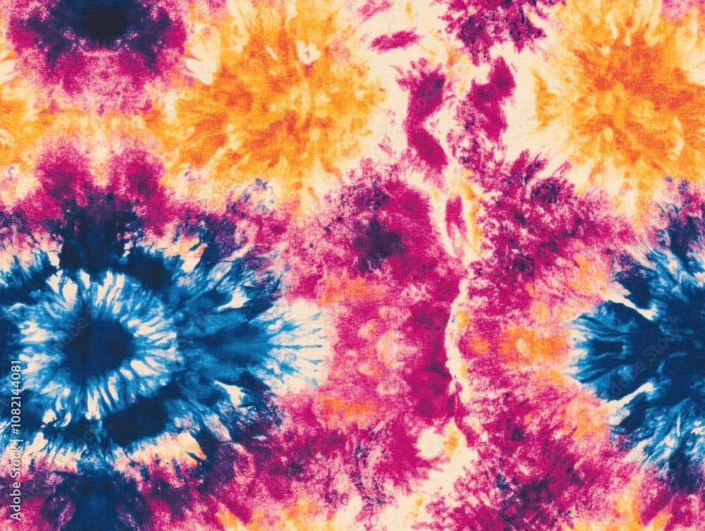 Vibrant Tie-Dye Fabric with Swirling Patterns in Bright Orange, Pink, Blue, and Yellow Ideal for Fashion, Home Decor, and Craft Projects Vibrant Tie-Dye Fabric with Swirling Patterns in Bright Orange, Pink, Blue, and Yellow Ideal for Fashion, Home Decor, and Craft Projects