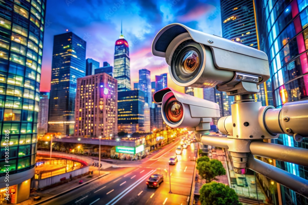 Close-up of Futuristic Surveillance Cameras in Urban Settings, Showcasing Vibrant Colors and Advanced Technology for Architectural Photography Enthusiasts Close-up of Futuristic Surveillance Cameras in Urban Settings, Showcasing Vibrant Colors and Advanced Technology for Architectural Photography Enthusiasts