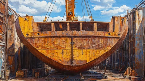 Massive Crane Lifts Boat Hull in Harborside Scene photo