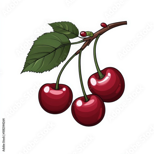Cartoon Illustration of a Cherry Tree with Ripe Cherries