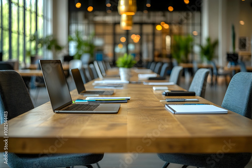 A long wooden table in a modern office with laptops and notebooks.