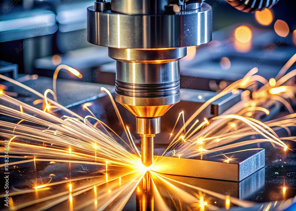 Close-Up of Wire EDM CNC Machine Cutting a Sample Part with Glowing Edge Lighting Effect, Showcasing Precision Engineering in Modern Manufacturing Technology Close-Up of Wire EDM CNC Machine Cutting a Sample Part with Glowing Edge Lighting Effect, Showcasing Precision Engineering in Modern Manufacturing Technology