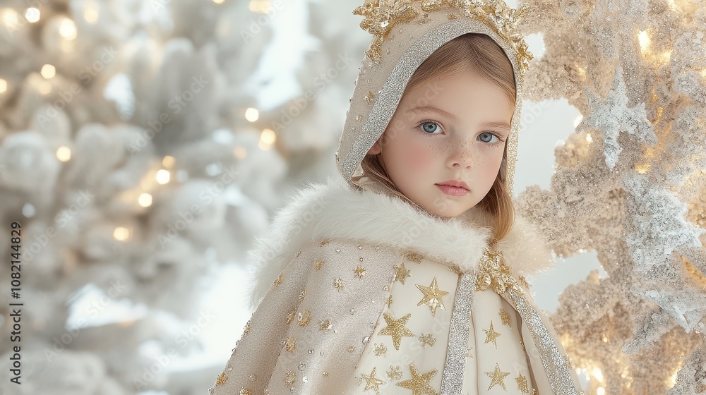 Enchanting Portrait of a Young Girl in a Cute Sparkly Cape with Gold Stars and Silver Trim Surrounded by a Whimsical Winter Wonderland Enchanting Portrait of a Young Girl in a Cute Sparkly Cape with Gold Stars and Silver Trim Surrounded by a Whimsical Winter Wonderland