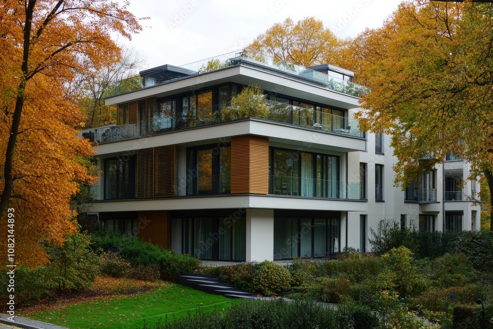 Fototapeta premium Modern luxury apartment building surrounded by autumn foliage in Berlin's leafy neighborhood