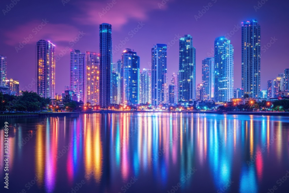 Naklejka premium Luminous city skyline at dusk, buildings lit up in a variety of colors, reflecting on the calm water of a nearby river, creating a vibrant urban scene