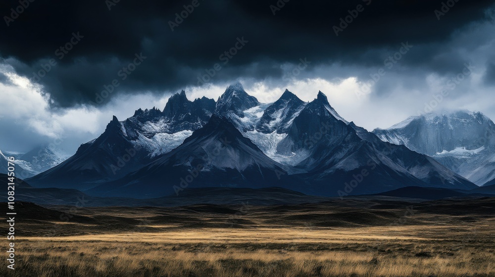 Majestic mountain range silhouette in black against a dramatic sky Majestic mountain range silhouette in black against a dramatic sky