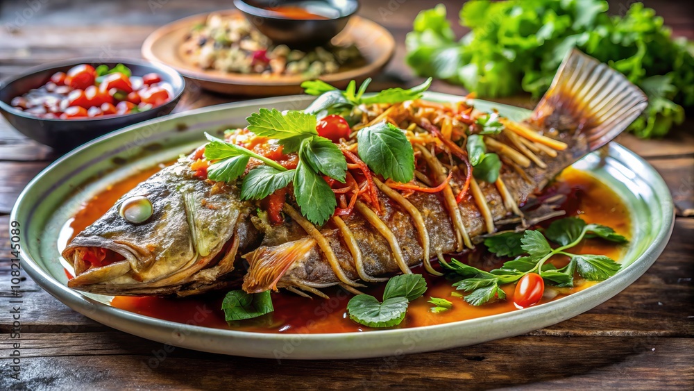 Closeup of Thai-style Fried Fish with Tamarind Sauce, Garnished with Fresh Herbs, a Delicious and Savory Seafood Dish Perfect for Thai Cuisine Lovers Closeup of Thai-style Fried Fish with Tamarind Sauce, Garnished with Fresh Herbs, a Delicious and Savory Seafood Dish Perfect for Thai Cuisine Lovers