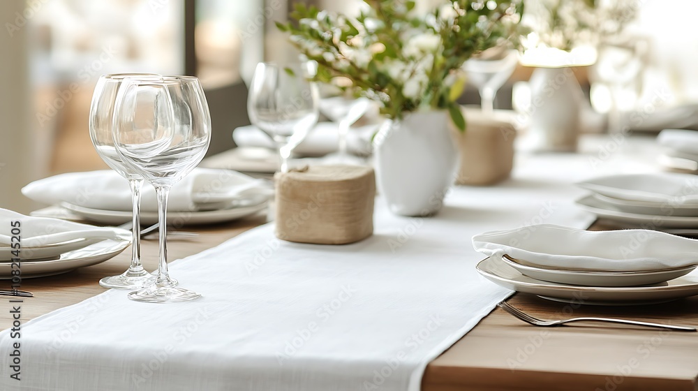 A white tablecloth with a wooden table setting and a vase with white flowers in the background. A white tablecloth with a wooden table setting and a vase with white flowers in the background.