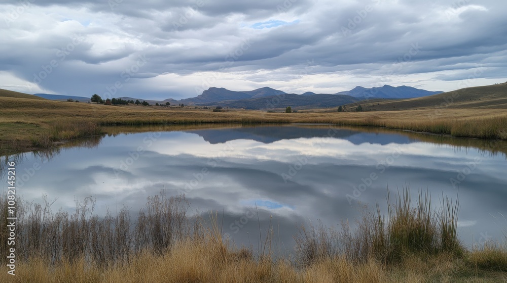 Serene lake reflecting cloudy sky, mountains in background, peaceful and quiet, calming nature, untouched beauty, soft and tranquil mood. Serene lake reflecting cloudy sky, mountains in background, peaceful and quiet, calming nature, untouched beauty, soft and tranquil mood.