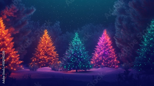 Magical Christmas Trees in the Forest at Night with Colorful Lights photo