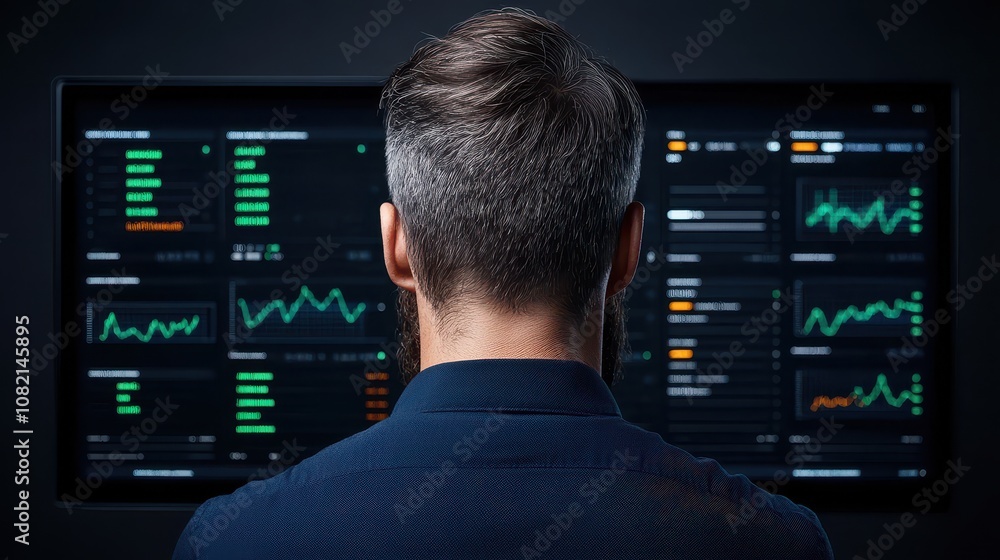 A person observes stock market data displayed on a screen, surrounded by graphs and charts indicating financial trends and analytics.