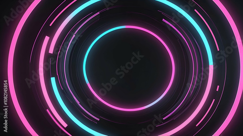 Circular Gradient Neon Lights, Minimalist Design, Tech-Inspired Abstract Background, Dark Theme.