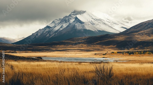 A snow-capped mountain rises above a serene lake and golden meadow.