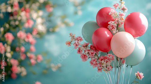 balloon and flowers, blue and pink