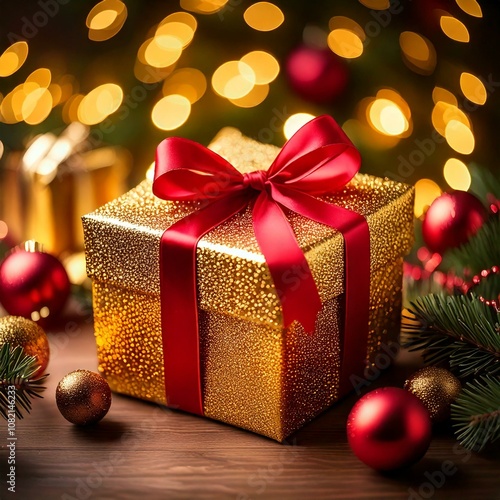  A beautifully wrapped golden gift box with a red ribbon, surrounded by festive lights. photo