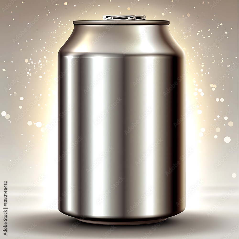 A silver aluminum can with a pull-tab on a sparkling background. A silver aluminum can with a pull-tab on a sparkling background.