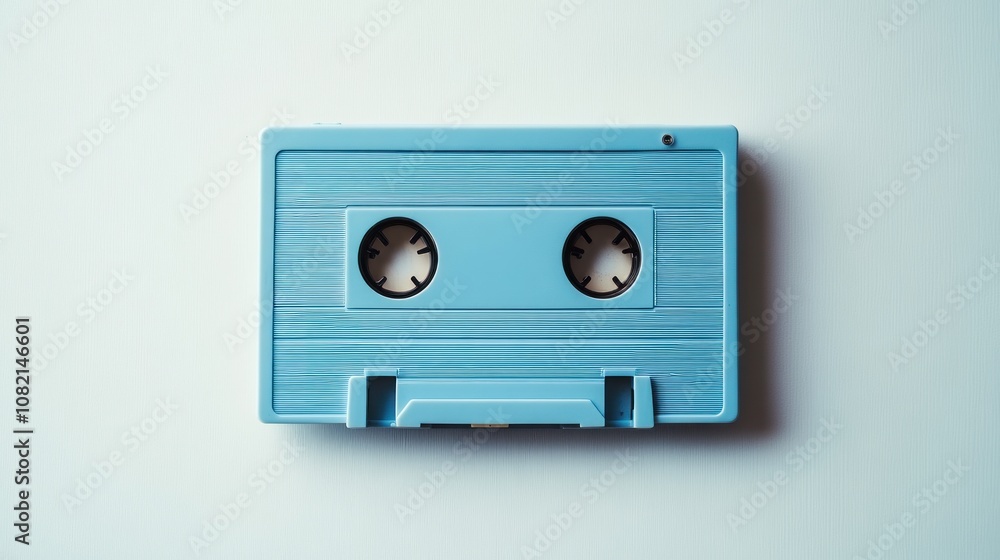 Obraz premium Vintage Blue Cassette Tape Against a Minimalistic Background, Evoking Nostalgia for Music from the 80s and 90s in a Retro Aesthetic