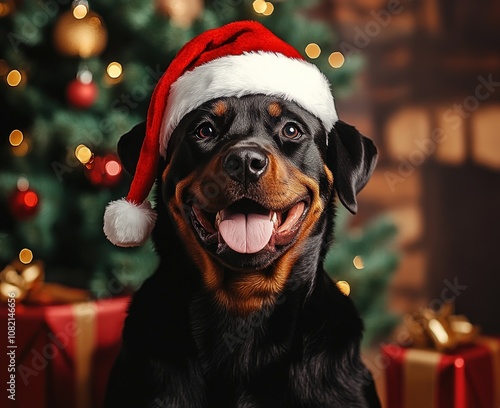 Joyful Rottweiler Dog in Santa Hat Smiling Cheerfully Against Cozy Christmas Background with Tree and Presents, Perfect for Seasonal Holiday Themes and Celebrations photo