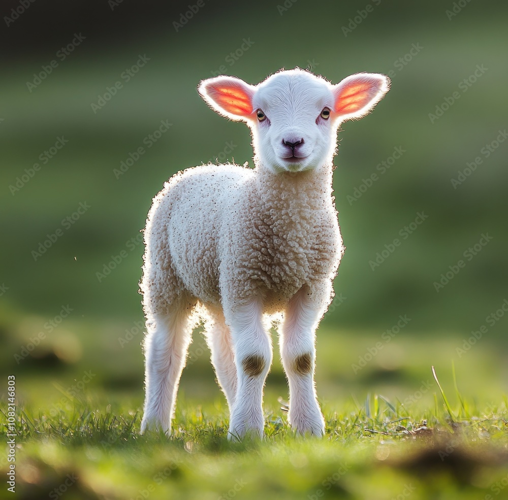 Adorable young lamb standing in a green meadow, with soft white fleece and bright expressive eyes, capturing the essence of spring and new life in a peaceful rural setting. Adorable young lamb standing in a green meadow, with soft white fleece and bright expressive eyes, capturing the essence of spring and new life in a peaceful rural setting.