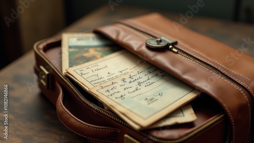  Vintage postcard for retro travel collections. A leather bag holds vintage letters, featuring stamps and cursive writing, suggesting nostalgia and personal stories.