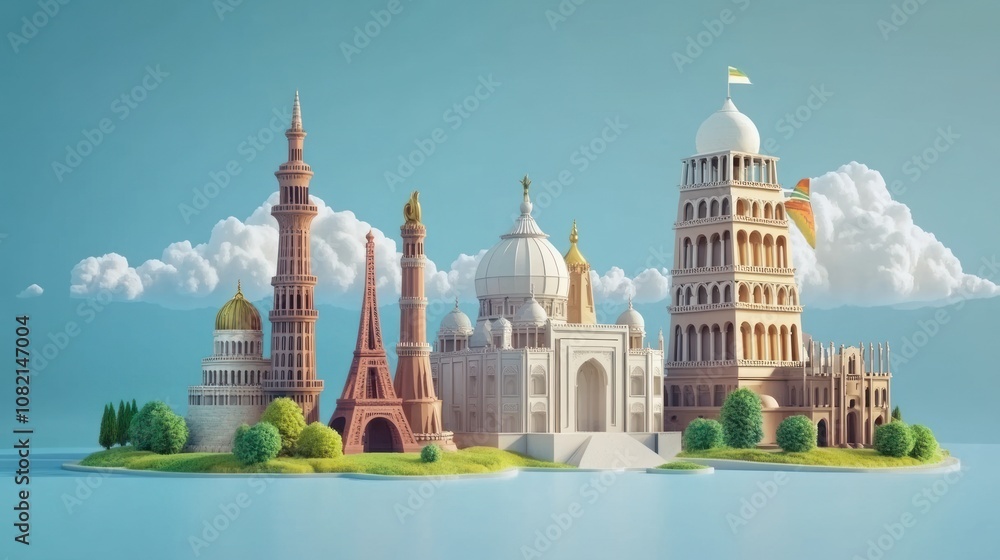 Obraz premium A colorful island featuring famous global landmarks.