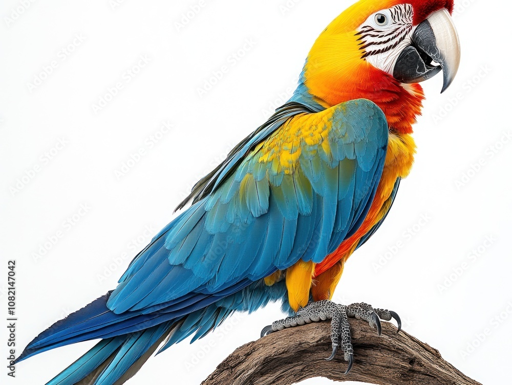 Vibrant Macaw Perched on a Natural Branch Showcasing Stunning Colors and Intricate Feather Patterns Against a Bright White Background Vibrant Macaw Perched on a Natural Branch Showcasing Stunning Colors and Intricate Feather Patterns Against a Bright White Background