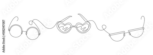 Glasses for improving vision, sunglasses drawn with continuous line in minimalism abstract style, editable vector contour.
