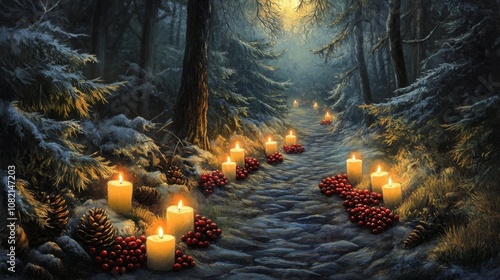 Magical Pathway with Candles, Pinecones, and Berries