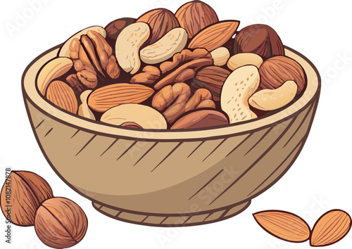 Wooden bowl overflowing with assorted nuts, pecans, walnuts, cashews, almonds, and hazelnuts